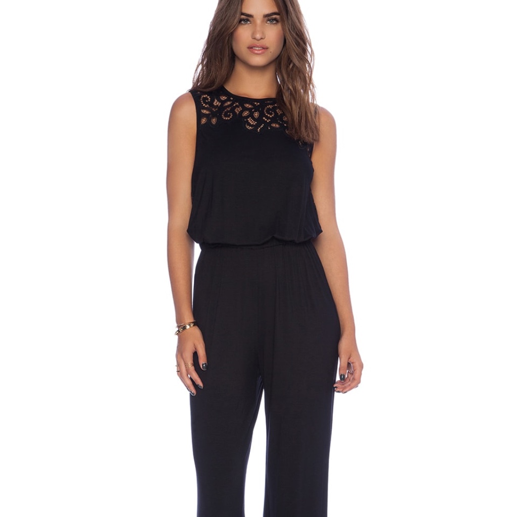 $298 Trina Turk Kimberlina Jumpsuit Black Lace Inset Sleeveless Wide Leg Pants